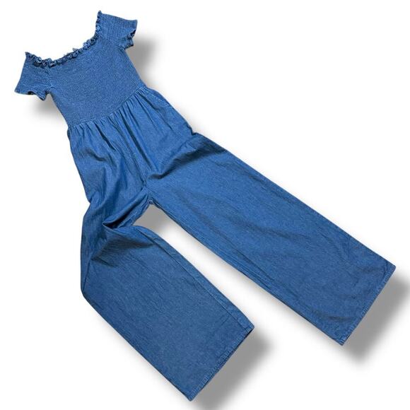 Blue Rain Denim Jumper Womens Blue Ellison Smocked Chambray Pantsuit Size S - Picture 1 of 12